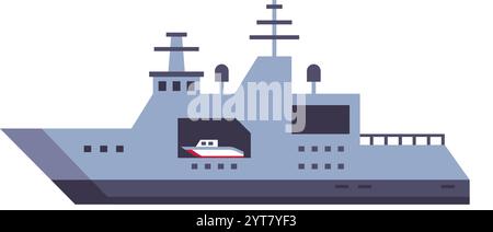 Moderna nave da guerra che ospita una barca più piccola all'interno del suo scafo, che rappresenta la potenza navale, migliora la sicurezza marittima e dimostra una strategia avanzata Illustrazione Vettoriale