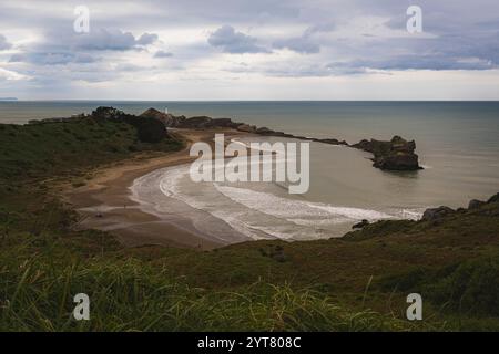 Vista su Castlepoint Bay vicino all'omonima città. Il suggestivo faro di Castlepoint si trova alla fine della baia. La torre bianca è il punto di riferimento della piccola città sulla costa orientale. Foto Stock