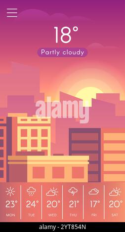 Applicazione meteo mobile che visualizza un tramonto parzialmente nuvoloso sullo skyline di una città, con previsioni settimanali che mostrano le diverse condizioni meteorologiche e. Illustrazione Vettoriale