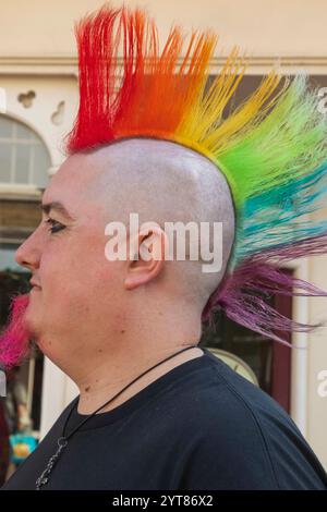 Inghilterra, Kent, Rochester, Rochester Pride Festival, Partecipante alla sfilata con acconciatura color arcobaleno Foto Stock