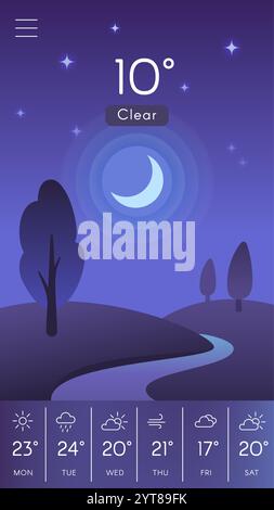 Applicazione meteo mobile con cielo notturno limpido con una luna crescente, alberi stilizzati, un fiume tortuoso e previsioni settimanali con tempe variabile Illustrazione Vettoriale