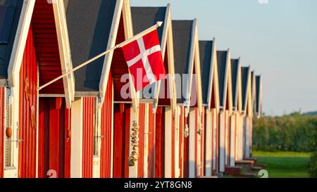 La bandiera danese Dannebrog e le capanne rosse dei pescatori sulla costa baltica Foto Stock