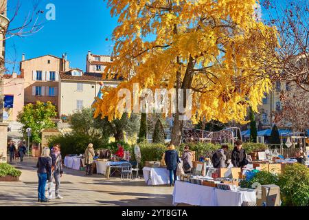 Bancarelle del mercato BRIC-a-brac e un albero di Ginkgo dorato durante il sole invernale nella città vecchia di Antibes, in Francia. Foto Stock