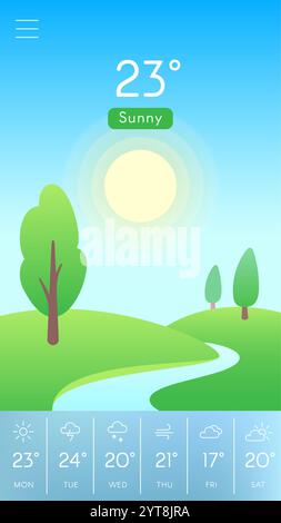 Applicazione meteo mobile che visualizza un paesaggio soleggiato a 23 gradi celsius, con alberi e un fiume, oltre a previsioni settimanali variabili Illustrazione Vettoriale