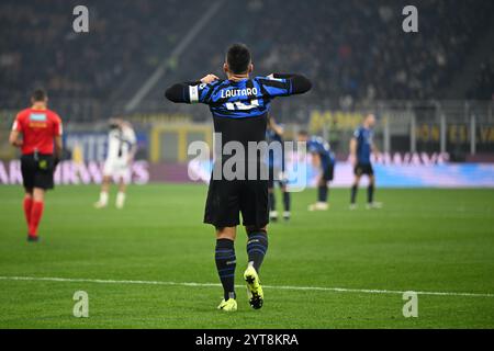 Lautaro Martinez dell'Inter FC reagisce durante la partita di calcio di serie A italiana tra Inter FC e Parma calcio 1913 il 6 dicembre 2024 allo stadio Giuseppe Meazza San Siro Siro di Milano, Italia crediti: Tiziano Ballabio/Alamy Live News Foto Stock