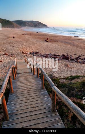 Praia do Amado sulla costa atlantica dell'Algarve, Portogallo alla luce della sera poco prima del tramonto. Foto Stock