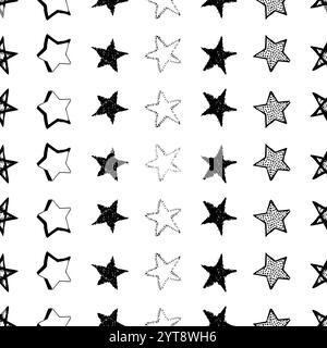 Sfondo perfetto di stelle doodle. Stelle nere disegnate a mano su sfondo bianco. Illustrazione vettoriale Illustrazione Vettoriale