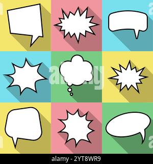 Set di nove fumetti fumettistici fumettistici con fumetti in stile piatto. Elementi dei fumetti di design senza frasi. Illustrazione vettoriale Illustrazione Vettoriale