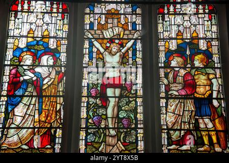 Finestre colorate nella chiesa storica di West Dean, East Sussex, Engeland Foto Stock