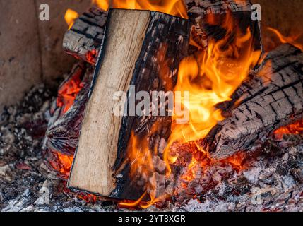 Colpo di primo piano di un fuoco in fiamme con billetta di legno, fiamme e cembro Foto Stock