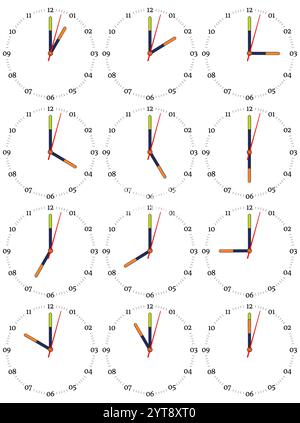 Una serie di orologi meccanici con un'immagine di ciascuna delle dodici ore. Quadrante dell'orologio su sfondo bianco. Illustrazione Vettoriale