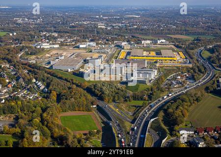 Vista aerea, grande cantiere Mark 51/7, quartiere scientifico e tecnologico, campus o-Werk, ex sito Opel, sotto l'autostrada A448 e accesso a roa Foto Stock