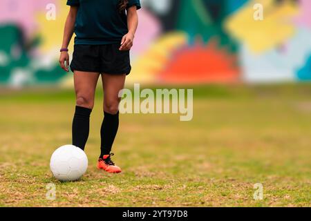 Vista delle gambe della bruna giocatrice di calcio che corre per calciare la palla. su un'erba verde all'aperto, con sfondo colorato. con abbigliamento sportivo. Foto Stock