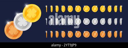Monete animate in oro, argento e bronzo per l'app per videogiochi. Gettone fortunato con simbolo a quattro foglie che girano diversi punti di vista. Movimento dell'icona di raggiungimento del metallo. Visualizzazione uniforme della valuta 3D. Illustrazione Vettoriale