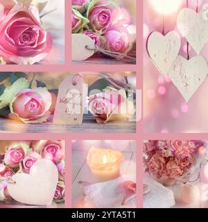 Collage con rose e cuori per un felice San Valentino Foto Stock
