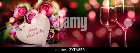 Buona giornata di San Valentino con un bouquet di rose e champagne per un biglietto d'auguri Foto Stock