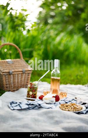 Picnic estivo in parco su coperta con cibo delizioso e una bottiglia di vino rosa. Sfondo Vertikcal con profondità di campo ridotta. Foto Stock