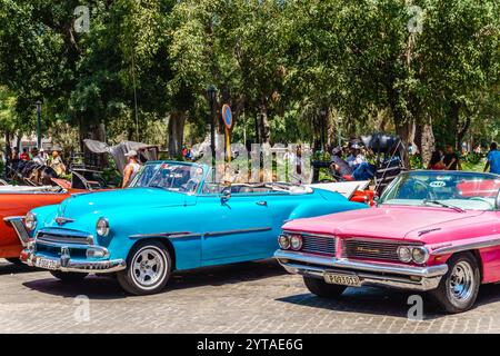 Due auto, una blu e una rosa, sono parcheggiate l'una accanto all'altra. L'auto blu è un classico, mentre l'auto rosa è una moderna cabriolet. La scena è se Foto Stock