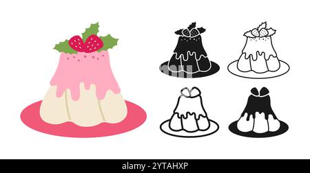 Set di icone per budini di Natale. Dessert natalizio invernale con semplice illustrazione di fragole. Simbolo del design grafico anno nuovo. Dolce budino per cartolina di auguri natalizi, adesivo, vettore di invito Illustrazione Vettoriale