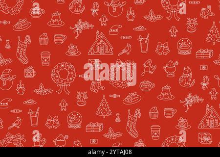 Natale e felice anno nuovo con motivo rosso senza cuciture. Sfondo natalizio con decorazioni natalizie. Texture natalizia per carta da regalo, tessuto da imballaggio, illustrazione vettoriale Illustrazione Vettoriale