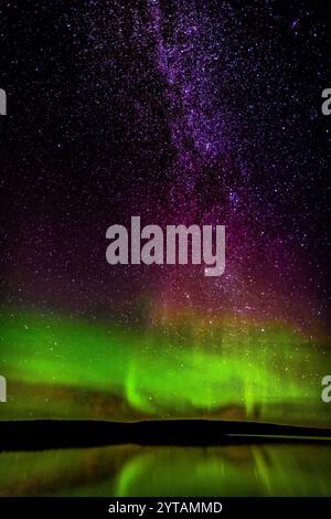 Il cielo è pieno di stelle e un'aurora verde. Il cielo è buio e le stelle brillano Foto Stock