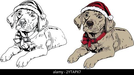 Illustrazione disegnata a mano di un cucciolo Labrador che indossa un cappello di Babbo Natale rosso, illustrazione natalizia in bianco e nero con versioni a colori Illustrazione Vettoriale