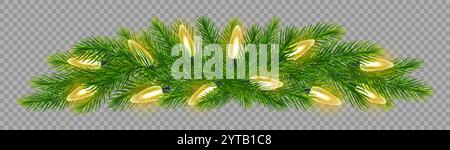 Bordi realistici dei rami di abete decorati con ghirlande di Natale gialle su sfondo trasparente. Per i banner delle festività, Capodanno, poster di Natale Illustrazione Vettoriale