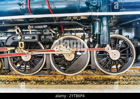 Ruote di una vecchia locomotiva a vapore retrò. Foto Stock