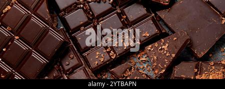 Fagioli di cacao e cioccolato. Vista dall'alto, disposizione piatta, Foto Stock