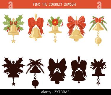 Gioco educativo vettoriale per bambini. Abbina le campane colorate di Natale alle ombre corrette. Attività divertenti per i bambini per migliorare la percezione visiva e Illustrazione Vettoriale