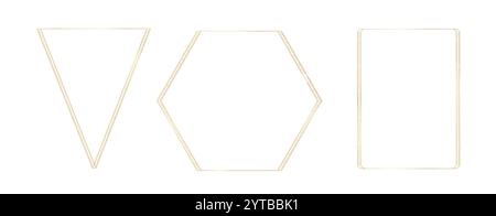 Collezione di eleganti montature in oro lineari sottili. Rettangolo, esagono, triangolo bordo elegante con elementi decorativi per l'invito al matrimonio Illustrazione Vettoriale