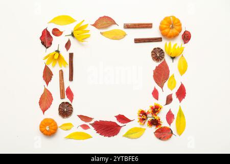 Cornice fatta di foglie autunnali con zucche fresche, fette di arancia secca, cannella e splendidi fiori su sfondo bianco Foto Stock