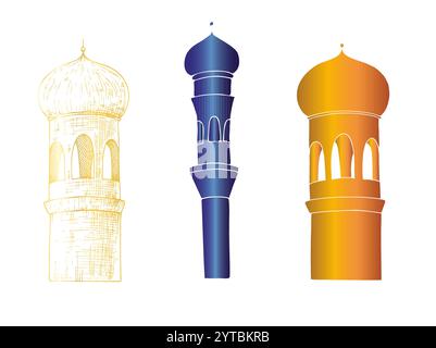 Minareto islamico vettoriale. Moschea con illustrazione grafica, torre isolata su sfondo bianco. Disegno a mano musulmano, festa Ramadan Kareem o Eid Illustrazione Vettoriale