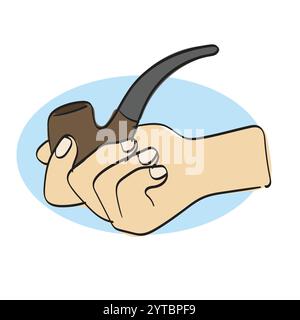 mano che tiene in mano il vettore illustrativo della pipa del tabacco da fumo disegnato a mano isolato su sfondo bianco Illustrazione Vettoriale
