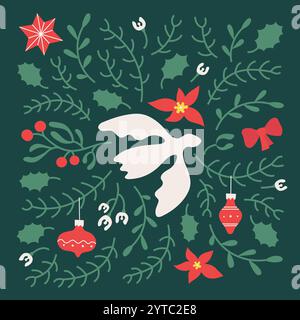 Pace invernale composizione natalizia con ramoscelli di abete, colomba, giocattoli, fiori. Grazioso sfondo vettoriale retrò per carta, banner, inviti per le festività. Illustrazione Vettoriale