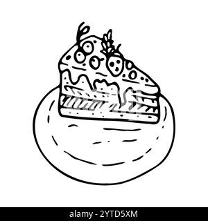 Torta di compleanno con frutti di bosco in stile doodle, grafica fatta a mano. Per messaggi di saluto, biglietti di auguri, poster, ricette, menu. Illustrazione Vettoriale