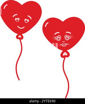 Palloncini disegnati a mano su corda con facce sorridenti in rosso alla moda. Set di elementi di design per San Valentino 2. Scheda tematica illustrazione vettoriale isolata, Slicker, icone, pubblicazione, blog o promozione Web, etichetta Illustrazione Vettoriale