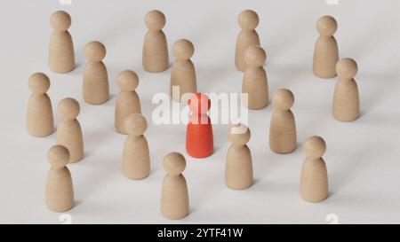 Concetto di discriminazione e inclusione. Le statuette di legno circondano il rendering rosso.3D su sfondo bianco. Foto Stock