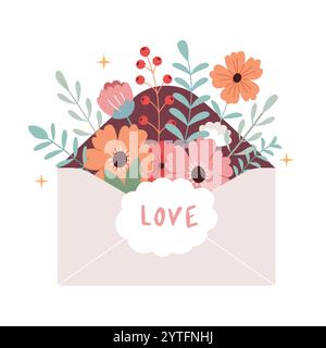 Bouquet di fiori da una busta. Biglietto per San Valentino, compleanno, festa delle donne. Illustrazione Vettoriale