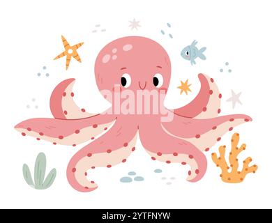 Polpo in un ambiente marino tra pesci, alghe e coralli. Illustrazione moderna e minimalista in stile scandinavo per bambini. Illustrazione Vettoriale