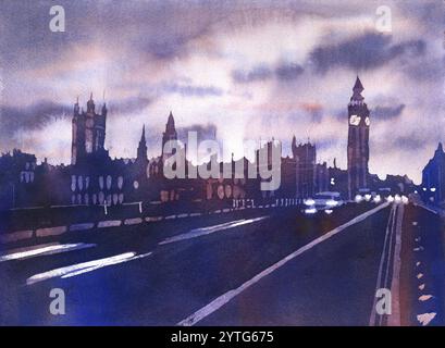 Case del Parlamento e del Big Ben al tramonto a Londra, Inghilterra colorata pittura ad acquerello per la casa Foto Stock