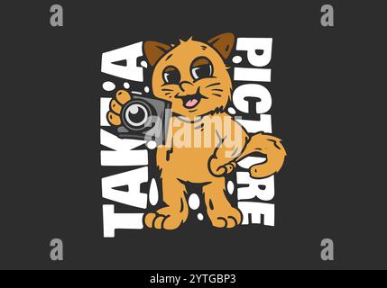 Scatta una foto. Personaggio gatto arancione che regge un disegno illustrativo della fotocamera Illustrazione Vettoriale