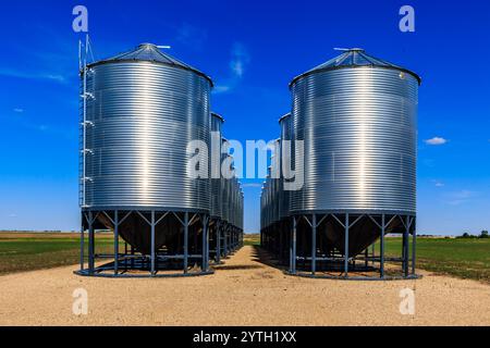 Due grandi silos sono in piedi in un campo. I silos sono vuoti e circondati da un campo di sterrato Foto Stock