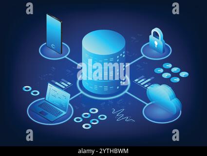 La tecnologia server, connessa al cloud, con notebook e telefoni cellulari, trasmette l'elaborazione dei dati, lo storage online e le operazioni IoT, adatte per Illustrazione Vettoriale