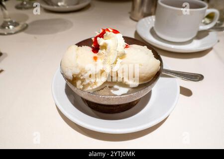 Una ciotola in metallo lucido contiene due cucchiai di gelato cremoso alla vaniglia, coronato da panna montata e condito in una vivace salsa di fragole, adagiato su una croccante Foto Stock