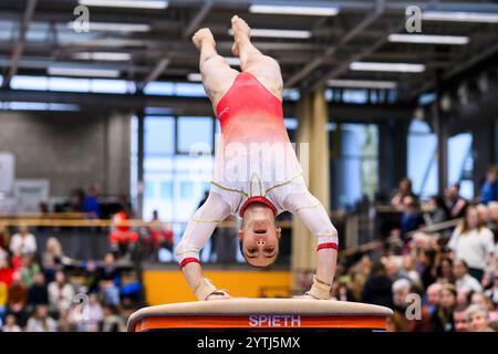 7 dicembre 2024, Saarland, Saarbrücken: Ginnastica: DTL Final 2024, Women, Joachim-Deckarm-Halle, Saarbrücken. Helen Kevric di Stoccarda in azione sulla cassaforte. Foto: Tom Weller/dpa Foto Stock