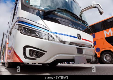 Vista frontale di un Busscar panoramico DD NB1 Scania K410C NB Euro 6 in mostra alla fiera Bus Brasil Fest 2024 in Brasile. Foto Stock