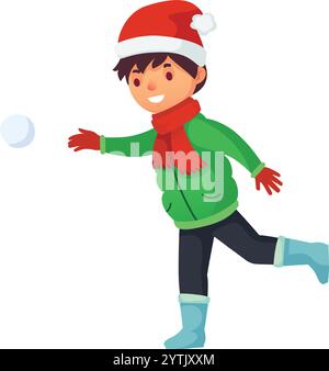 Bambino sorridente che indossa abiti invernali, tra cui un cappello di babbo natale, sciarpa rossa e guanti, e stivali blu, che lancia una palla di neve mentre corri, goditi l'inverno Illustrazione Vettoriale