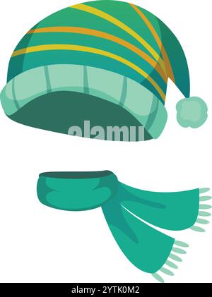 Set di cappelli e sciarpe verdi invernali che offrono calore e protezione contro le basse temperature, con un design a righe e un soffice pompon sul cappello Illustrazione Vettoriale