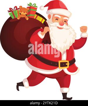 Happy babbo natale sta correndo veloce, portando regali ai bambini di tutto il mondo, portando con sé una pesante borsa piena di regali di natale e un orsacchiotto Illustrazione Vettoriale